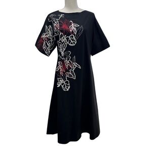 Natori Cotton Poplin Dress Embroidered Midi Black Red White Size X Small